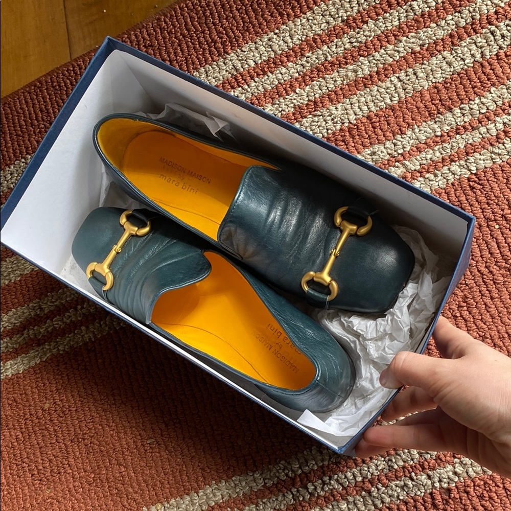 Madison Maison by Mara Bini Teal Square toe Leather Loafers with Gold Hardware